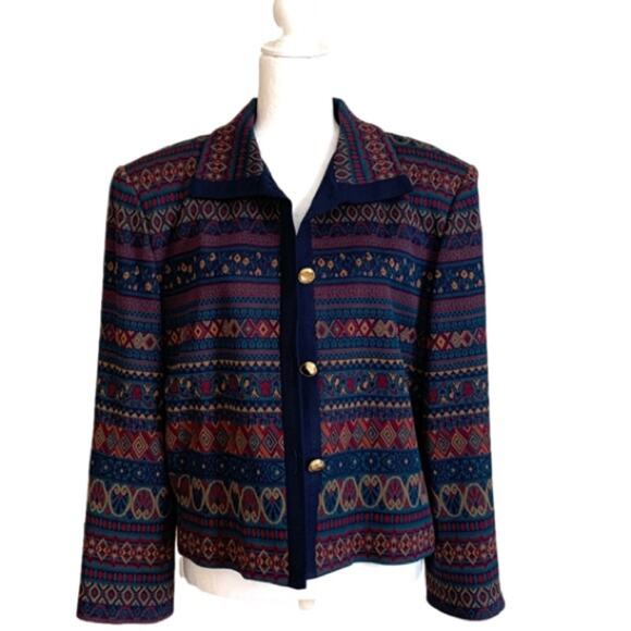 Vintage Henry Lee Blazer Navy Multicolored Print Cardigan Jacket Size 16 Petite - Picture 1 of 13